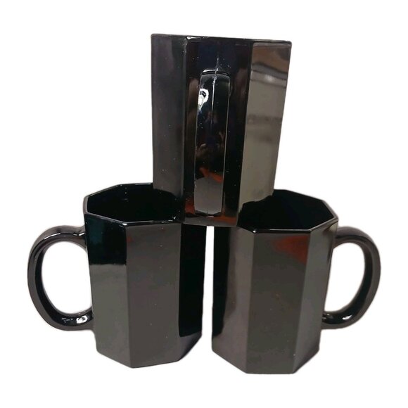 3 Arcoroc Octime Black Glass Octagon Coffee Mugs Tea Cups Vintage MCM France - Picture 1 of 16